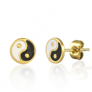 Pendientes Acero Inox Yin & Yang 7mm Dorado-negro blanco
