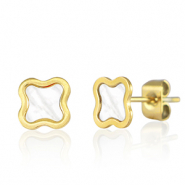 Pendientes Acero Inox flor Dorado-blanco perla