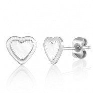 Pendientes Acero Inox corazón Plateado-blanco perla