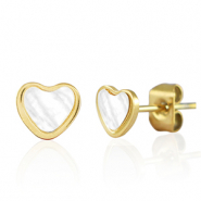 Pendientes Acero Inox corazón Dorado-blanco perla