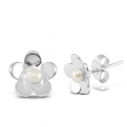 Pendientes Acero Inox perlas flor Plateado