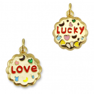 Metal TQ latón colgante redondos "love/lucky" Dorado-multicolor