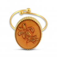 Anillos Acero Inox esmalte &oacute;valo con flor Dorado-rosa salm&oacute;n