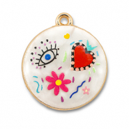 colgantes met&aacute;licos con esmalte redondos Blanco-multicolor-dorado