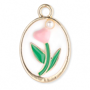 Colgantes metálicos óvalo con tulipán con perla Dorado-blanco-verde-rosa claro