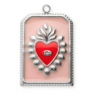 Colgantes Acero Inox rect&aacute;ngulo con coraz&oacute;n Plateado-rosa vintage-rojo