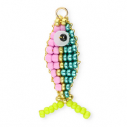 BY31® Colgantes de abalorios de cristal pez Azul verdoso metálico-lila pastel-dorado-verde lima