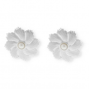 Fornituras Acero Inox pendientes flor con imitaci&oacute;n perla con anilla Plateado-blanco