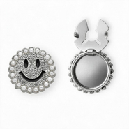 Cubrebotones smiley con strass y imitaci&oacute;n de perlas Plateado-negro-cristal-blanco
