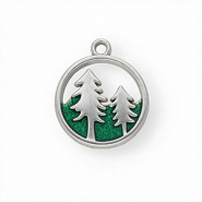 Colgantes Acero Inox con esmalte redondos con árboles Plateado-verde