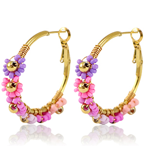 Pendientes Acero Inox criolla flor 35mm Dorado-rosa p&uacute;rpura