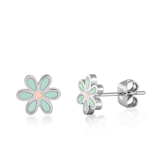 Pendientes Acero Inox flor Turquesa-plateado