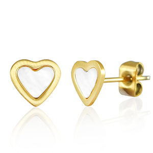 Pendientes Acero Inox coraz&oacute;n Dorado-blanco perla