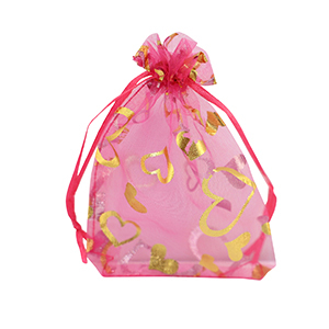 Bolso de organza 9x12cm coraz&oacute;n Rosa-oro