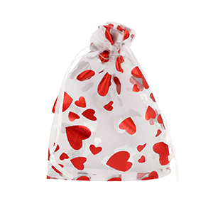 Bolso de organza 9x12cm coraz&oacute;n Blanco-rojo