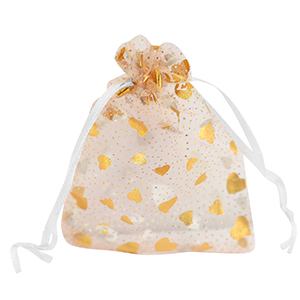 Bolso de organza 9x12cm coraz&oacute;n Blanco-oro