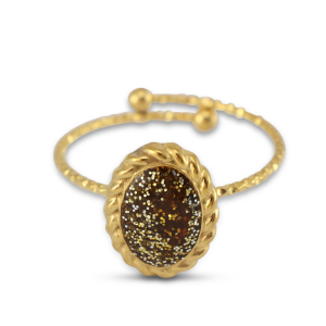 Anillos Acero Inox esmalte &oacute;valo Dorado-glitter topacio