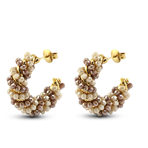 Pendientes faceteados espiral Marr&oacute;n AB-beige AB-dorado