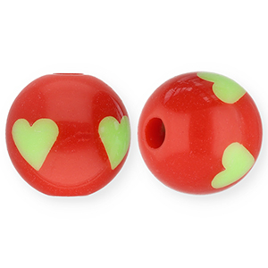 Abalorios acr&iacute;licos 12 mm con coraz&oacute;n Rojo-verde claro