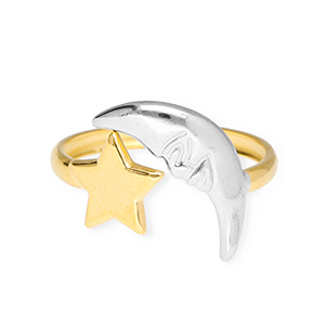 Anillos Acero Inox estrella y luna Dorado-plateado