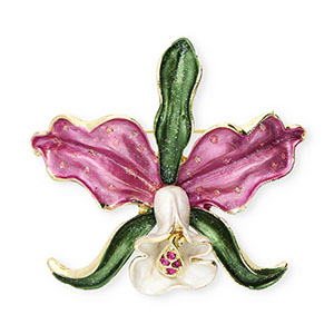 Broches flor con strass Dorado-rosa orqu&iacute;dea-verde-blanco