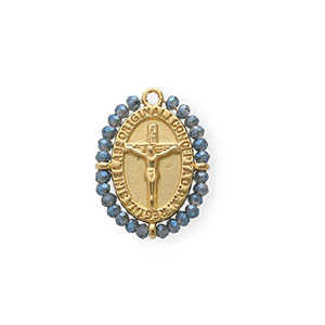 Colgantes Acero Inox &oacute;valo con crucifijo Dorado-azul