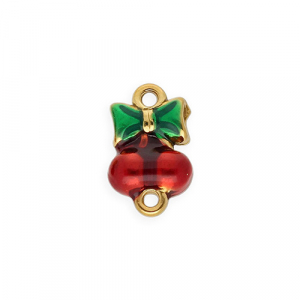 Fornituras Acero Inox entrepieza con esmalte cerezas con lazo Dorado-rojo-verde