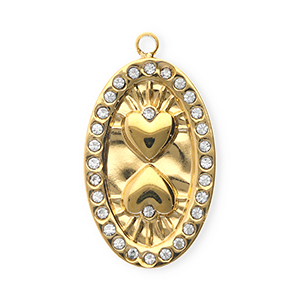 Colgantes Acero Inox con strass &oacute;valo con corazones Dorado-cristal